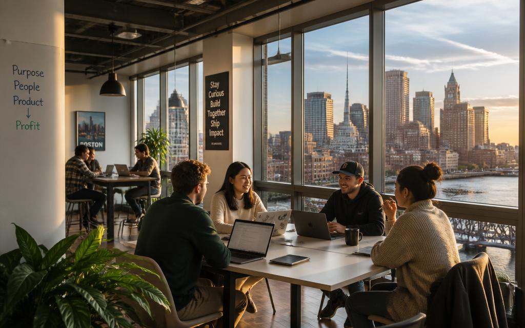 Founders collaborate in a sunlit office overlooking the Boston skyline