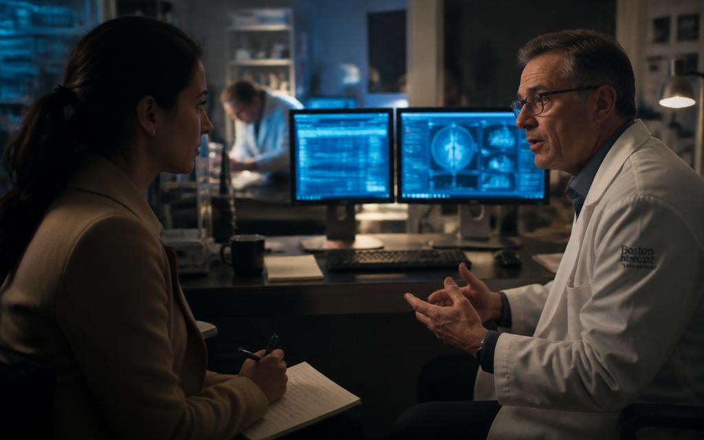 A journalist interviews a researcher in a dimly lit lab with glowing screens